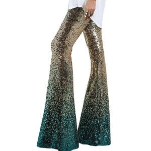 Womens Sequin Pants High Waisted Sparkle Bell Bottoms Glitter Gradient S